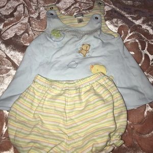 4 Baby girl items - 2 onesies, 1 suit, 1 top
